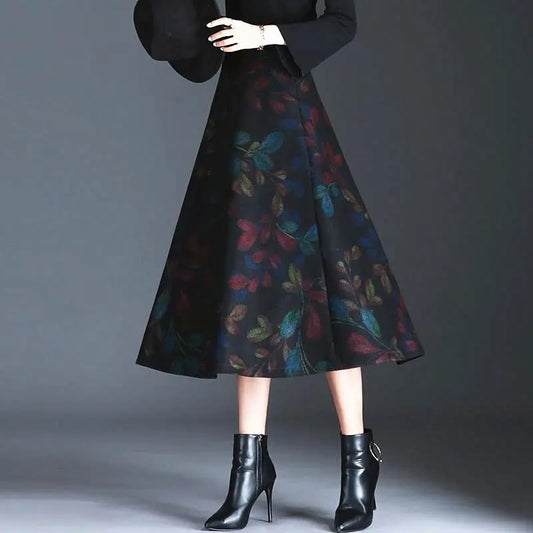 Spódnica wełniana w print – midi A-line casual chic