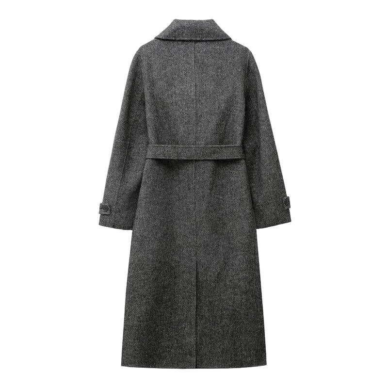 Długi wełniany płaszcz dwurzędowy z paskiem – ponadczasowa elegancja