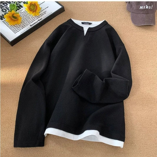 Bluza fake two piece – kontrastowe rękawy, casual patchwork