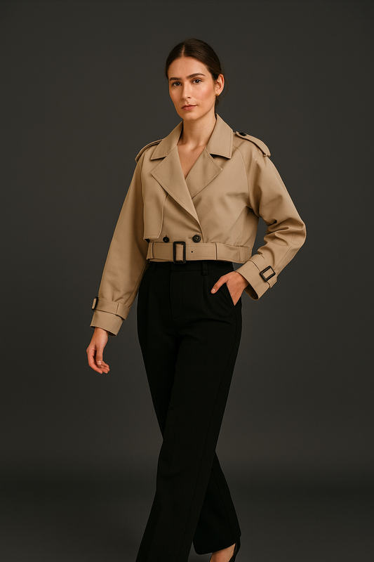 Cropped trench z paskiem – klasyk w nowoczesnym wydaniu