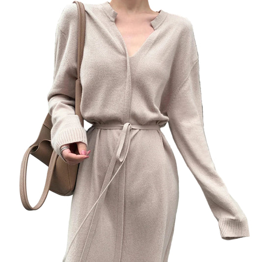 Wełniana sukienka lace-up – apricot