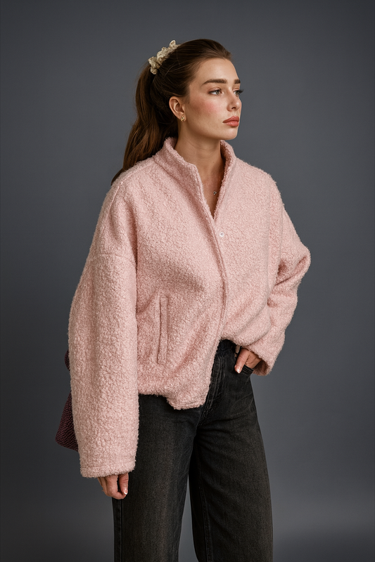 Różowa futrzana kurtka – krótka, z kołnierzem i kieszeniami