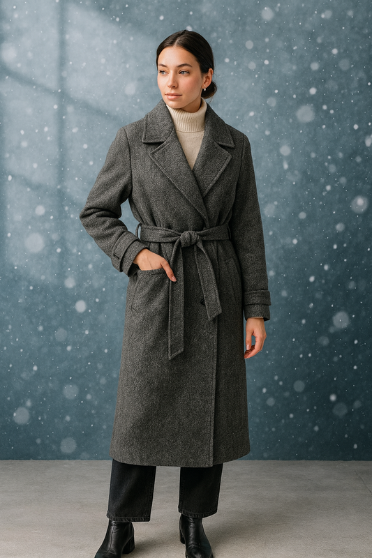 Długi wełniany płaszcz dwurzędowy z paskiem – ponadczasowa elegancja